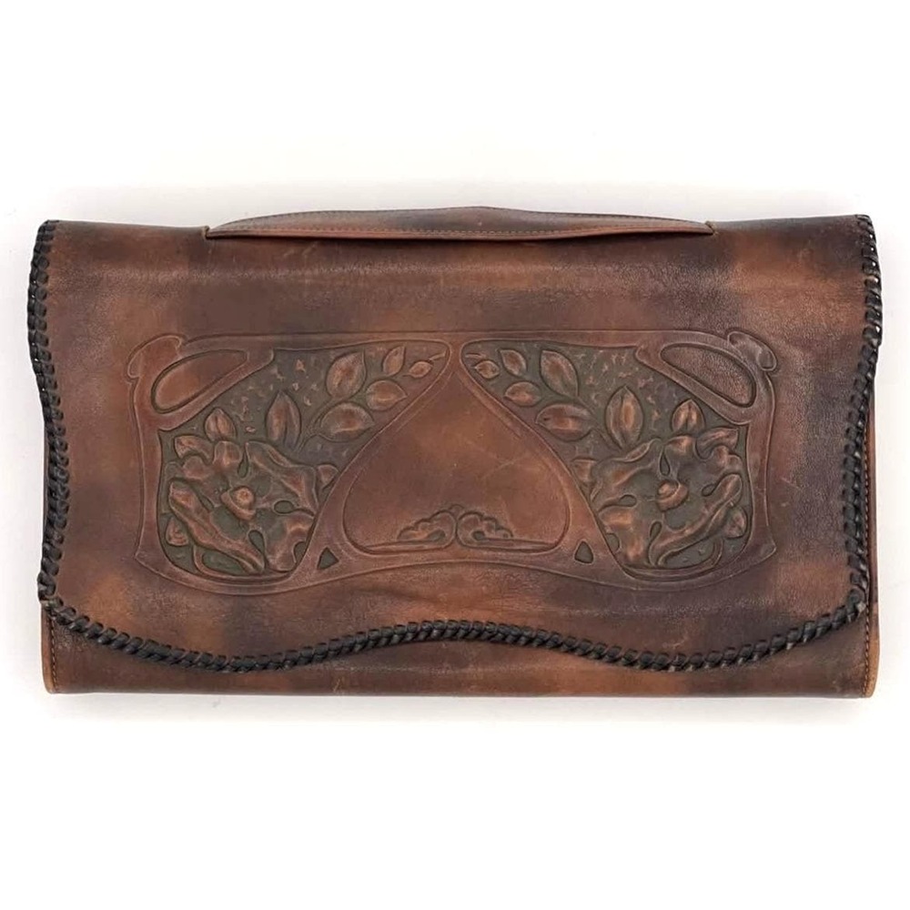 1940s Art Nouveau Style Tooled Leather Wallet Clutch Brown United Carr Snap